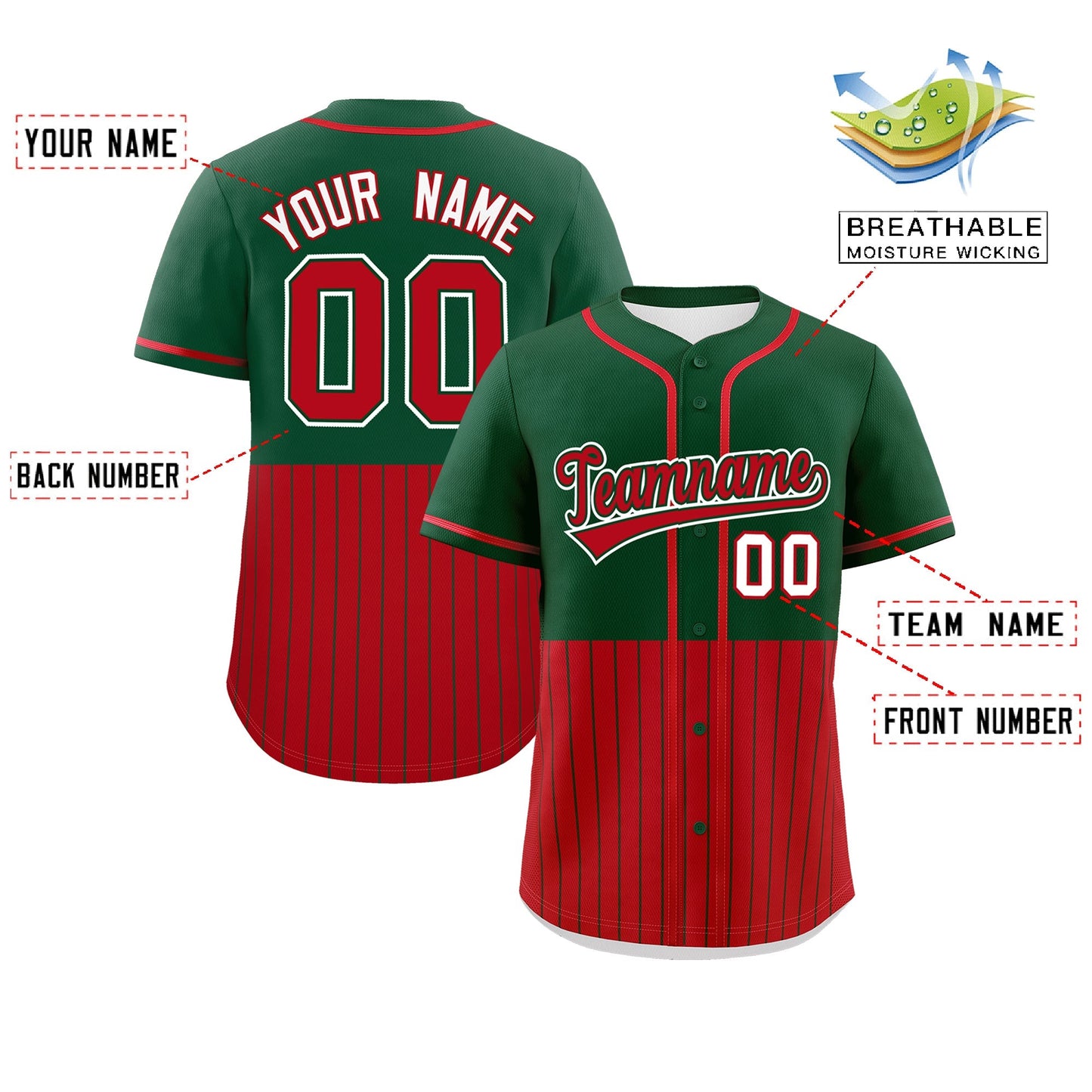 Custom Green Red Personalized Half Stripe Design Authentic Baseball Jersey Limited
