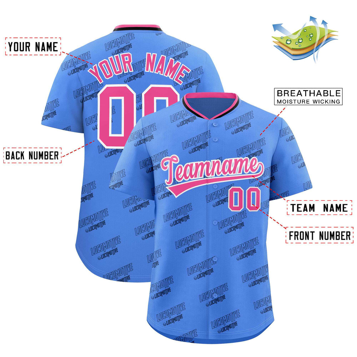Custom Powder Blue Pink Full Button Text Graffiti Pattern Authentic Baseball Jersey Limited