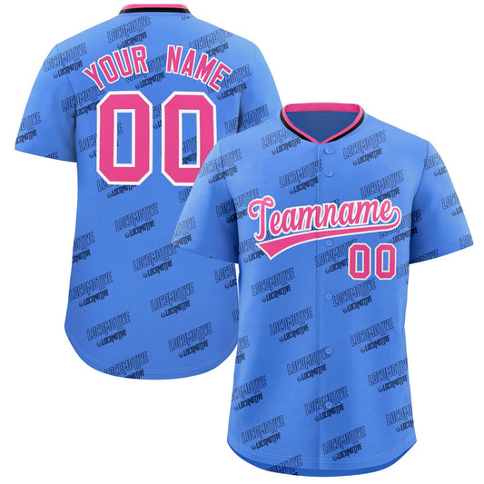 Custom Powder Blue Pink Full Button Text Graffiti Pattern Authentic Baseball Jersey
