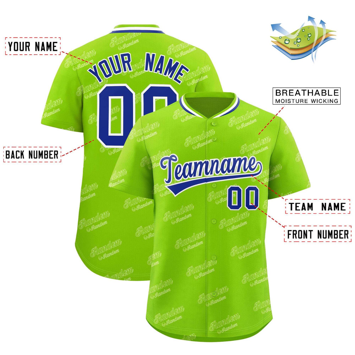 Custom Neon Green Royal Full Button Text Graffiti Pattern Authentic Baseball Jersey Limited