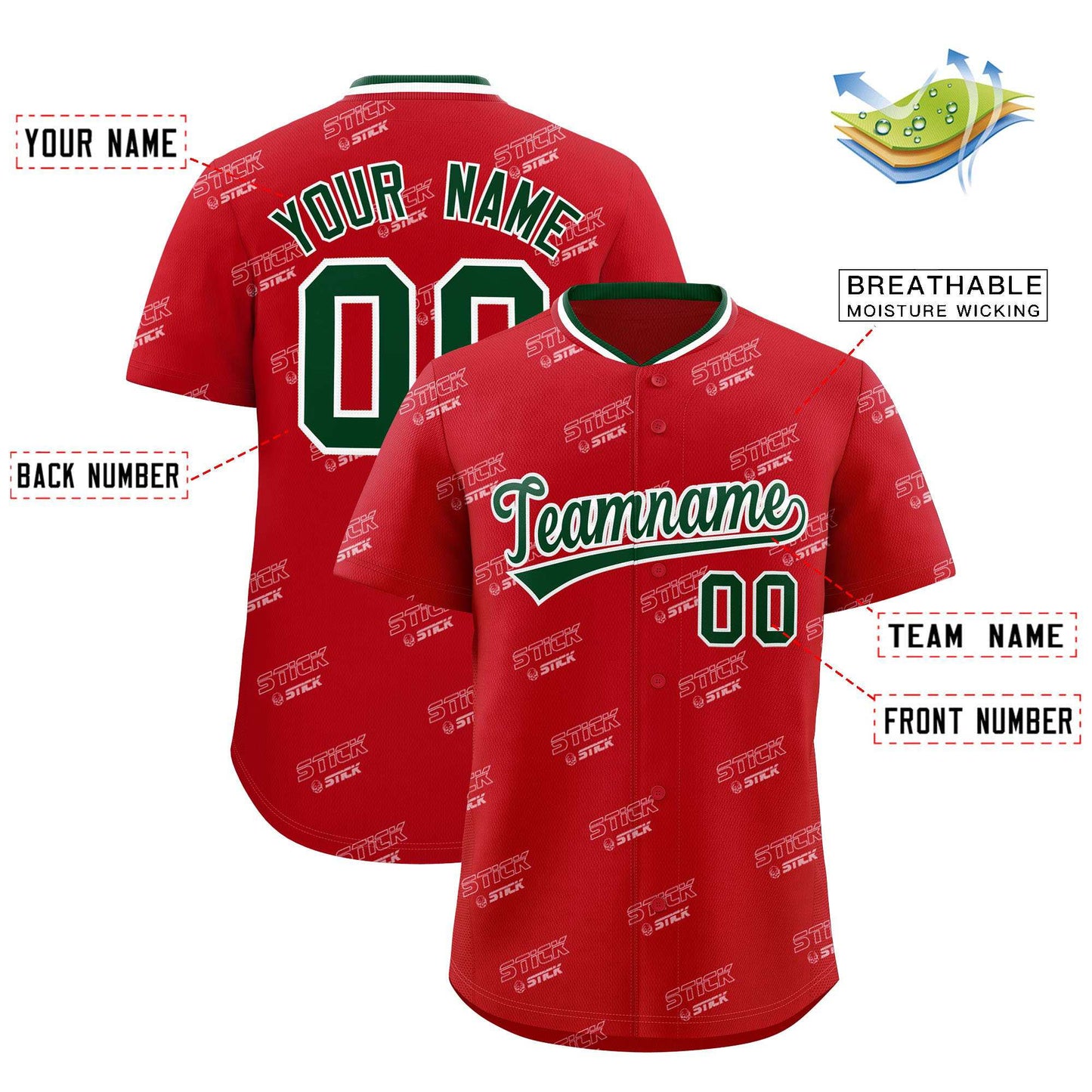 Custom Red Green Full Button Text Graffiti Pattern Authentic Baseball Jersey Limited