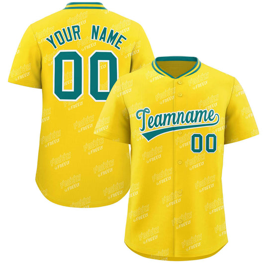 Custom Gold Teal Full Button Text Graffiti Pattern Authentic Baseball Jersey