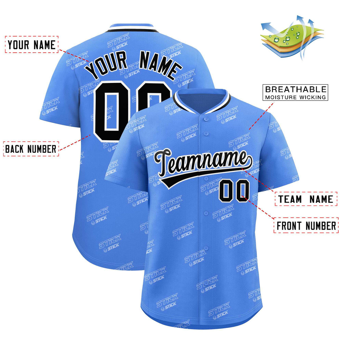 Custom Powder Blue Black Full Button Text Graffiti Pattern Authentic Baseball Jersey Limited
