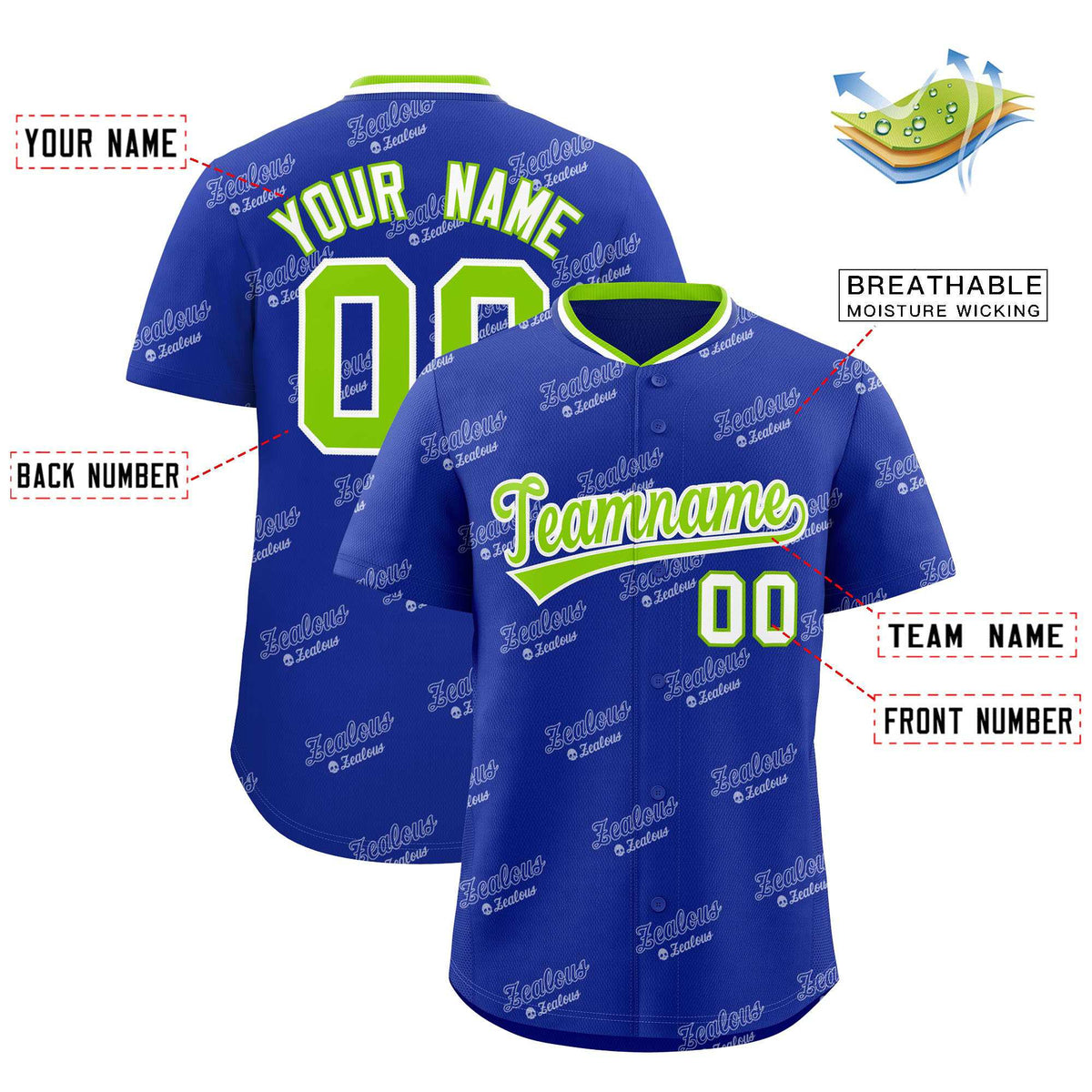Custom Royal Neon Green Full Button Text Graffiti Pattern Authentic Baseball Jersey Limited