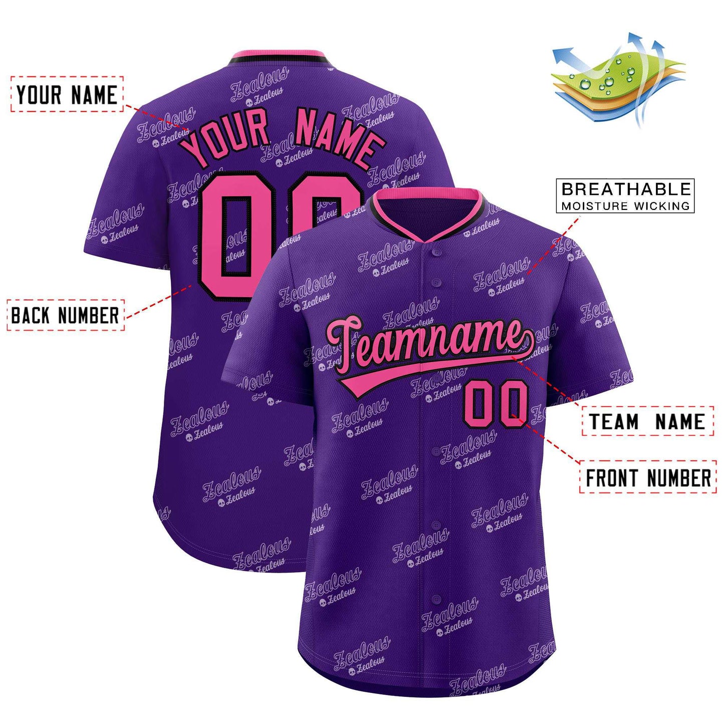 Custom Purple Pink Full Button Text Graffiti Pattern Authentic Baseball Jersey Limited
