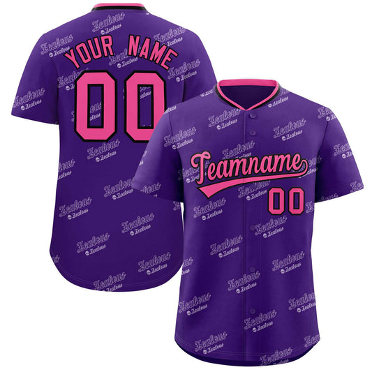 Custom Purple Pink Full Button Text Graffiti Pattern Authentic Baseball Jersey