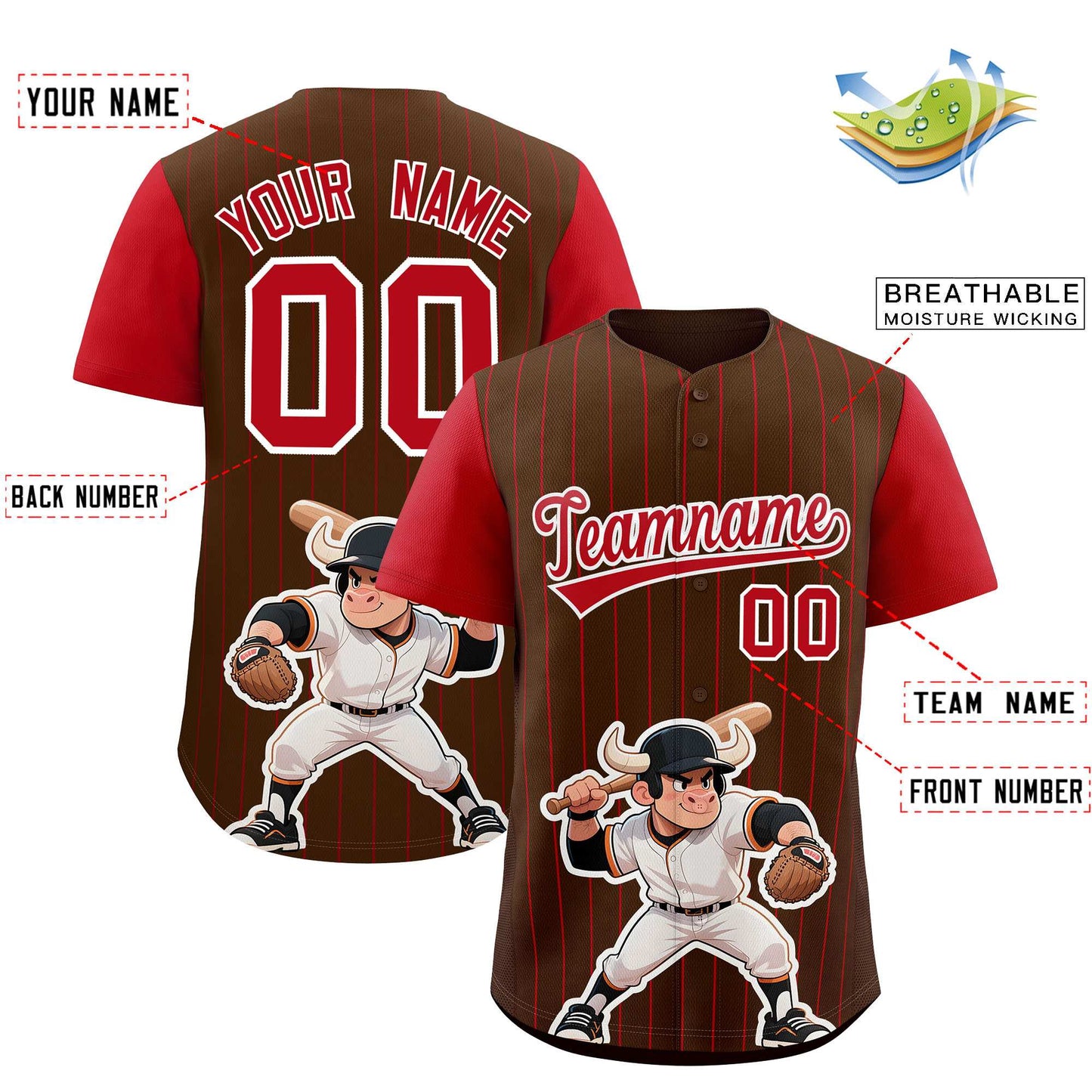 Custom Brown Red Stripe Animals Graffiti Pattern Raglan Sleeves Authentic Baseball Jersey Limited