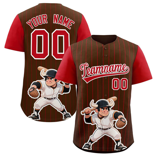 Custom Brown Red Stripe Animals Graffiti Pattern Raglan Sleeves Authentic Baseball Jersey