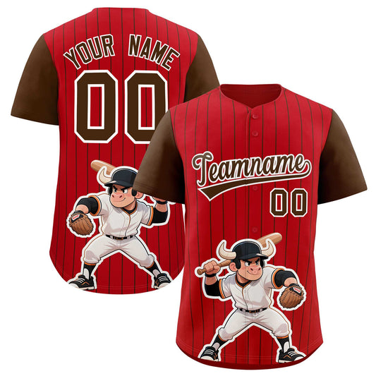 Custom Red Brown Stripe Animals Graffiti Pattern Raglan Sleeves Authentic Baseball Jersey