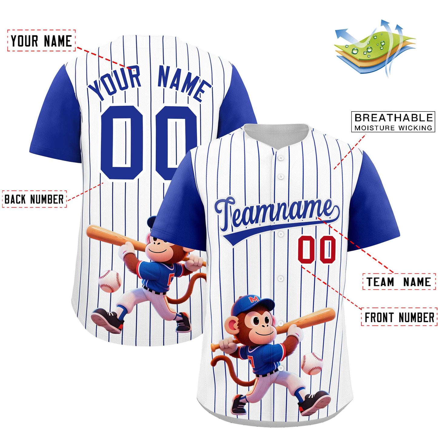 Custom White Royal Stripe Animals Graffiti Pattern Raglan Sleeves Authentic Baseball Jersey Limited
