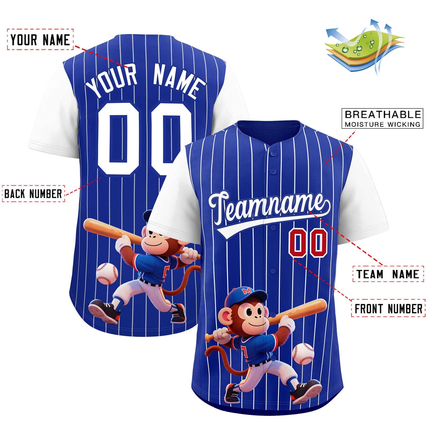 Custom Royal White Stripe Animals Graffiti Pattern Raglan Sleeves Authentic Baseball Jersey Limited