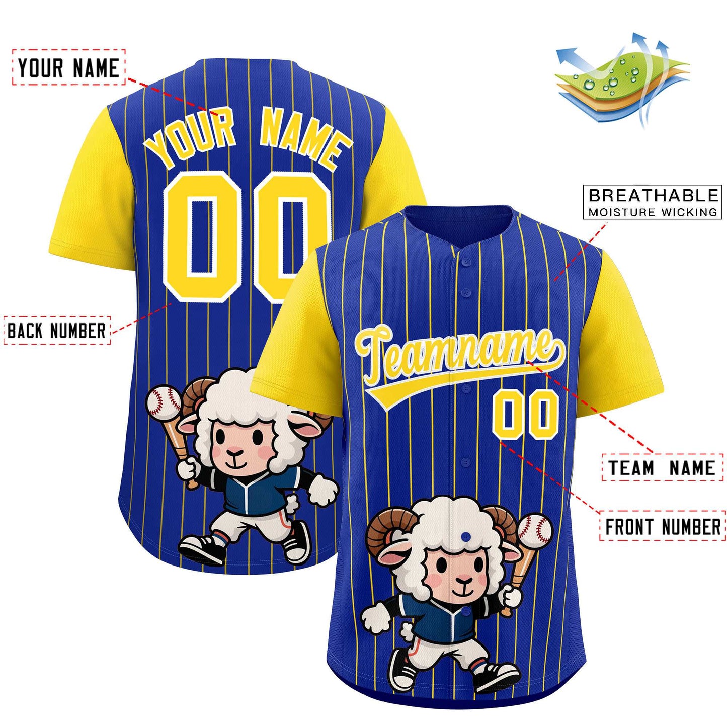 Custom Royal Gold Stripe Animals Graffiti Pattern Raglan Sleeves Authentic Baseball Jersey Limited