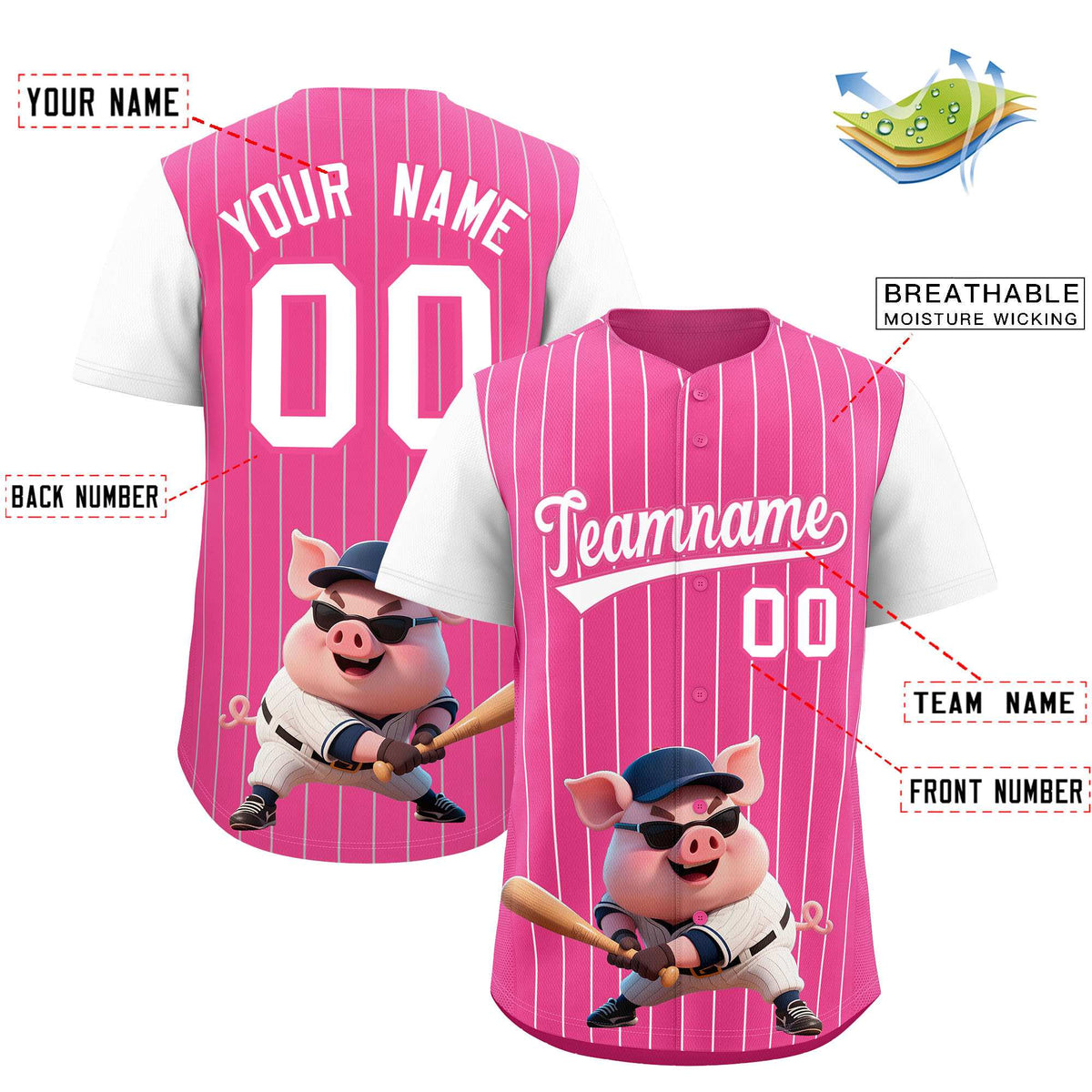 Custom Pink White Stripe Animals Graffiti Pattern Raglan Sleeves Authentic Baseball Jersey Limited
