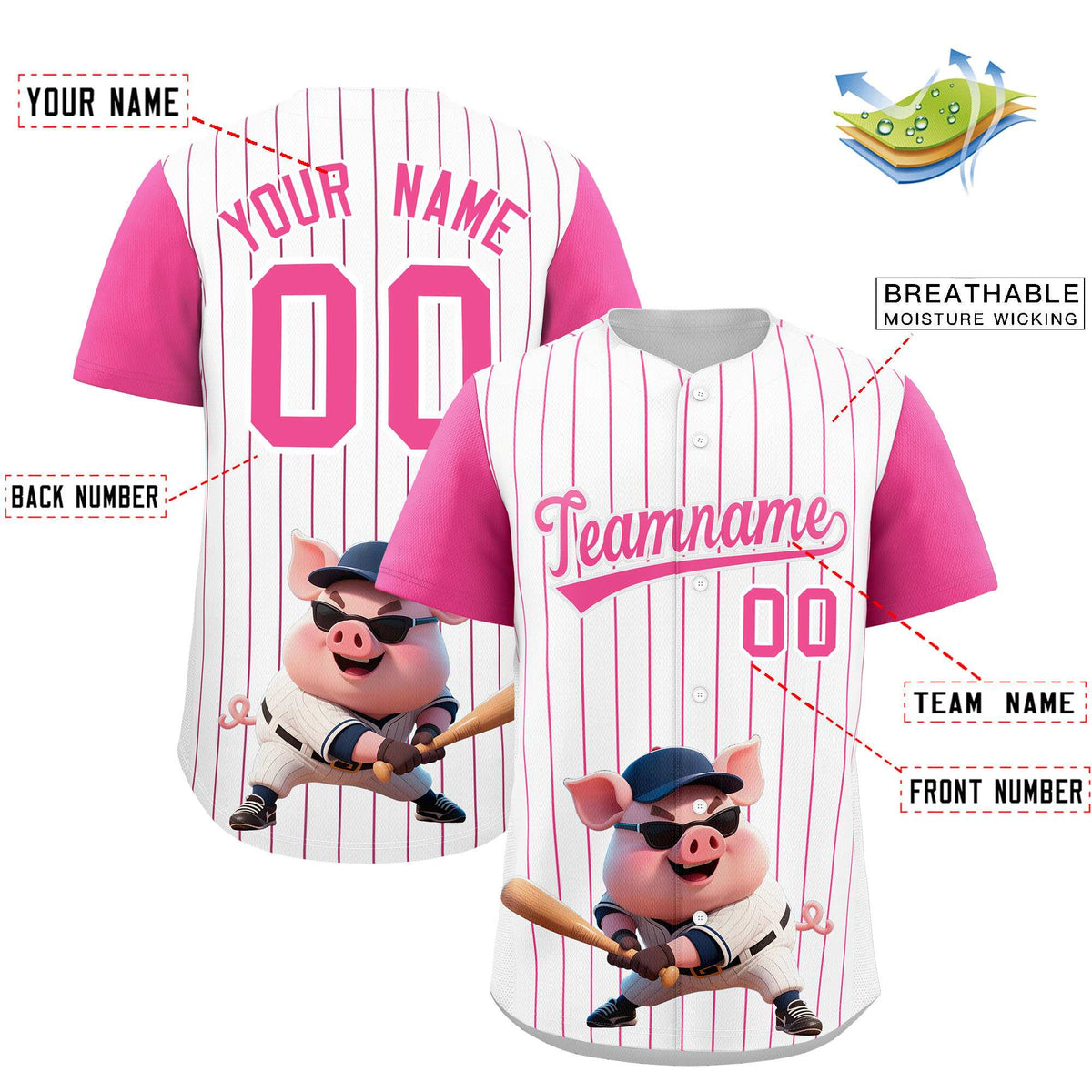 Custom White Pink Stripe Animals Graffiti Pattern Raglan Sleeves Authentic Baseball Jersey Limited