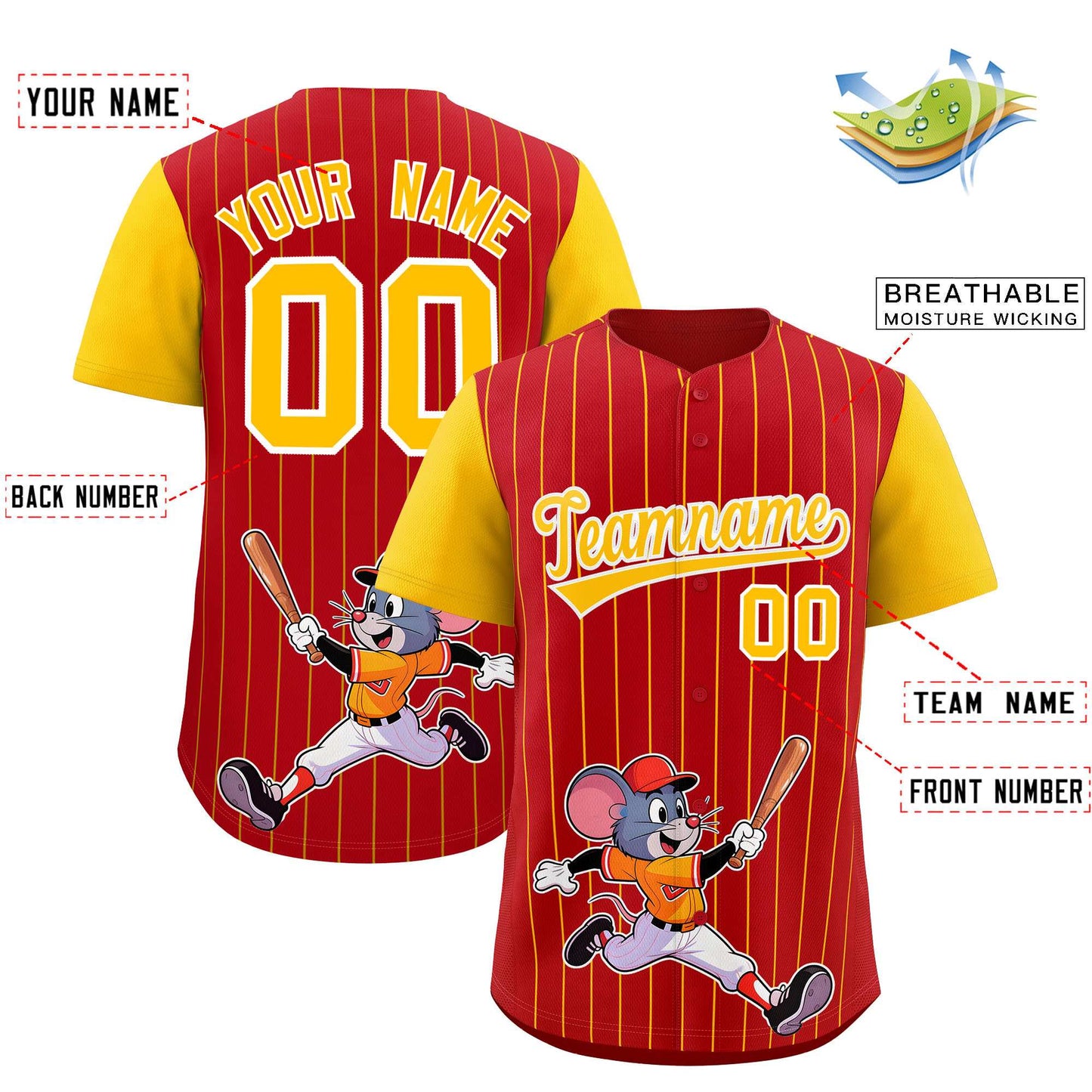 Custom Red Yellow Stripe Animals Graffiti Pattern Raglan Sleeves Authentic Baseball Jersey Limited
