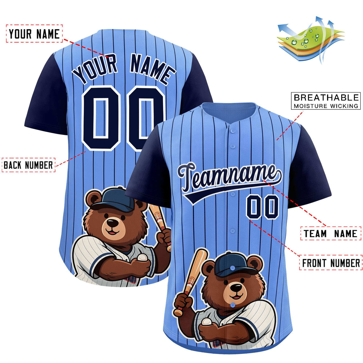 Custom Light Blue Navy Stripe Animals Graffiti Pattern Raglan Sleeves Authentic Baseball Jersey Limited