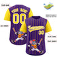 Custom Purple Gold Stripe Animals Graffiti Pattern Raglan Sleeves Authentic Baseball Jersey Limited