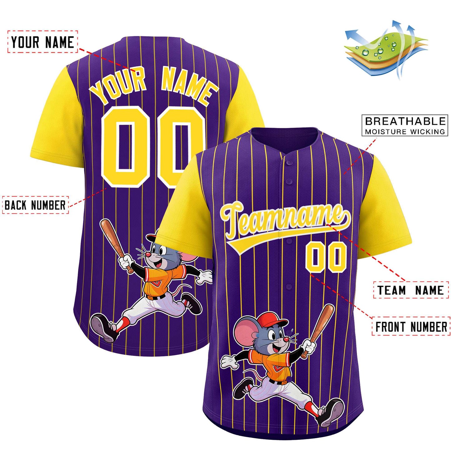 Custom Purple Gold Stripe Animals Graffiti Pattern Raglan Sleeves Authentic Baseball Jersey Limited