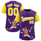 Custom Purple Gold Stripe Animals Graffiti Pattern Raglan Sleeves Authentic Baseball Jersey