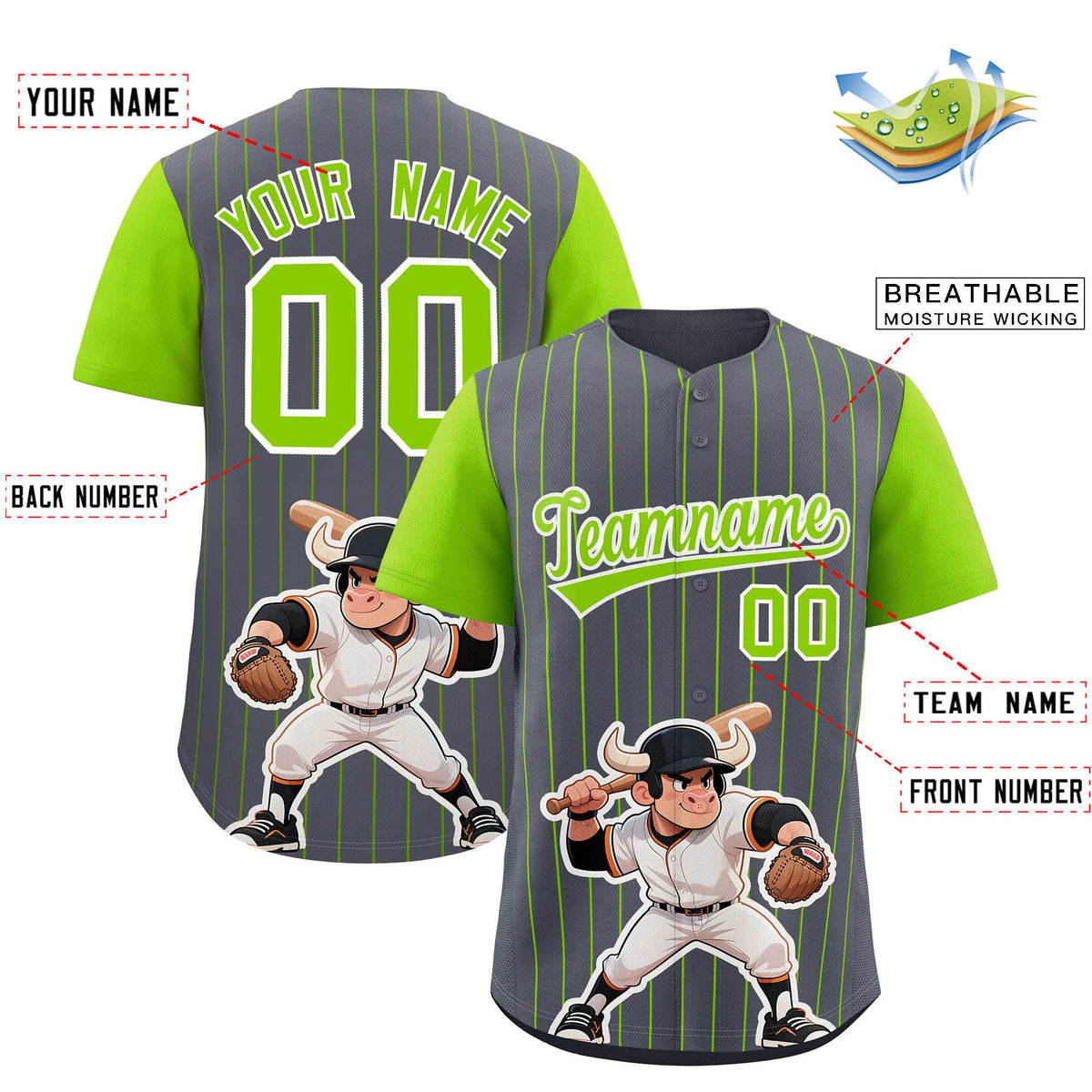 Custom Dark Gray Neon Green Stripe Animals Graffiti Pattern Raglan Sleeves Authentic Baseball Jersey Limited
