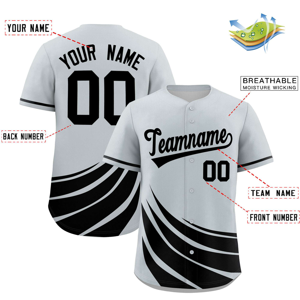 Custom Silver Black Wind Mark Graffiti Pattern Authentic Baseball Jersey Limited
