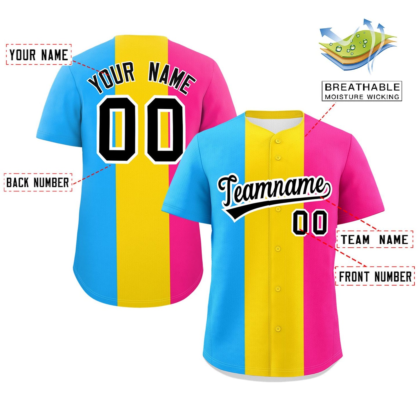Custom Pink Gold-Powder Blue Pansexuality For Pride Month Color Block Authentic Baseball Jersey Limited