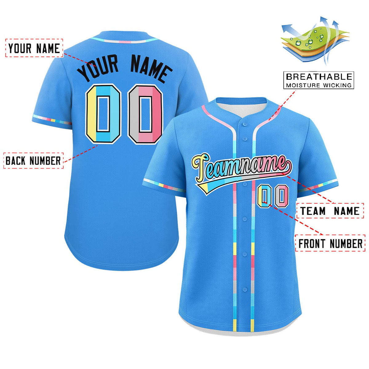 Custom Powder Blue Genderflux For Pride Month Classic Style Authentic Baseball Jersey Limited
