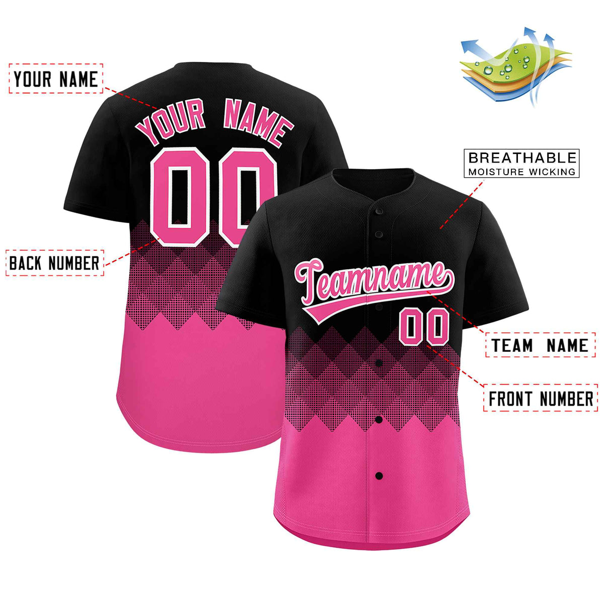 Custom Black Pink Grid Blur Pattern Authentic Baseball Jersey Limited