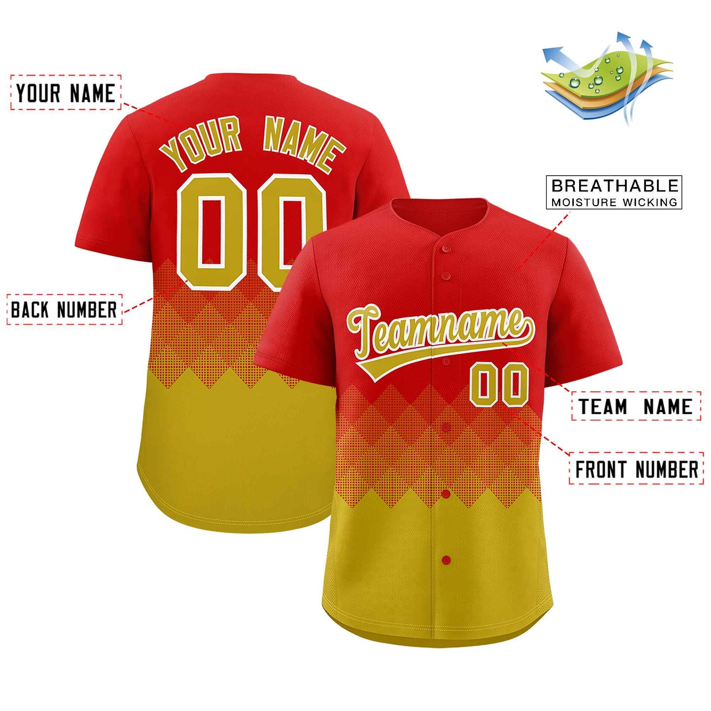 Custom Red Old Gold Grid Blur Pattern Authentic Baseball Jersey Limited