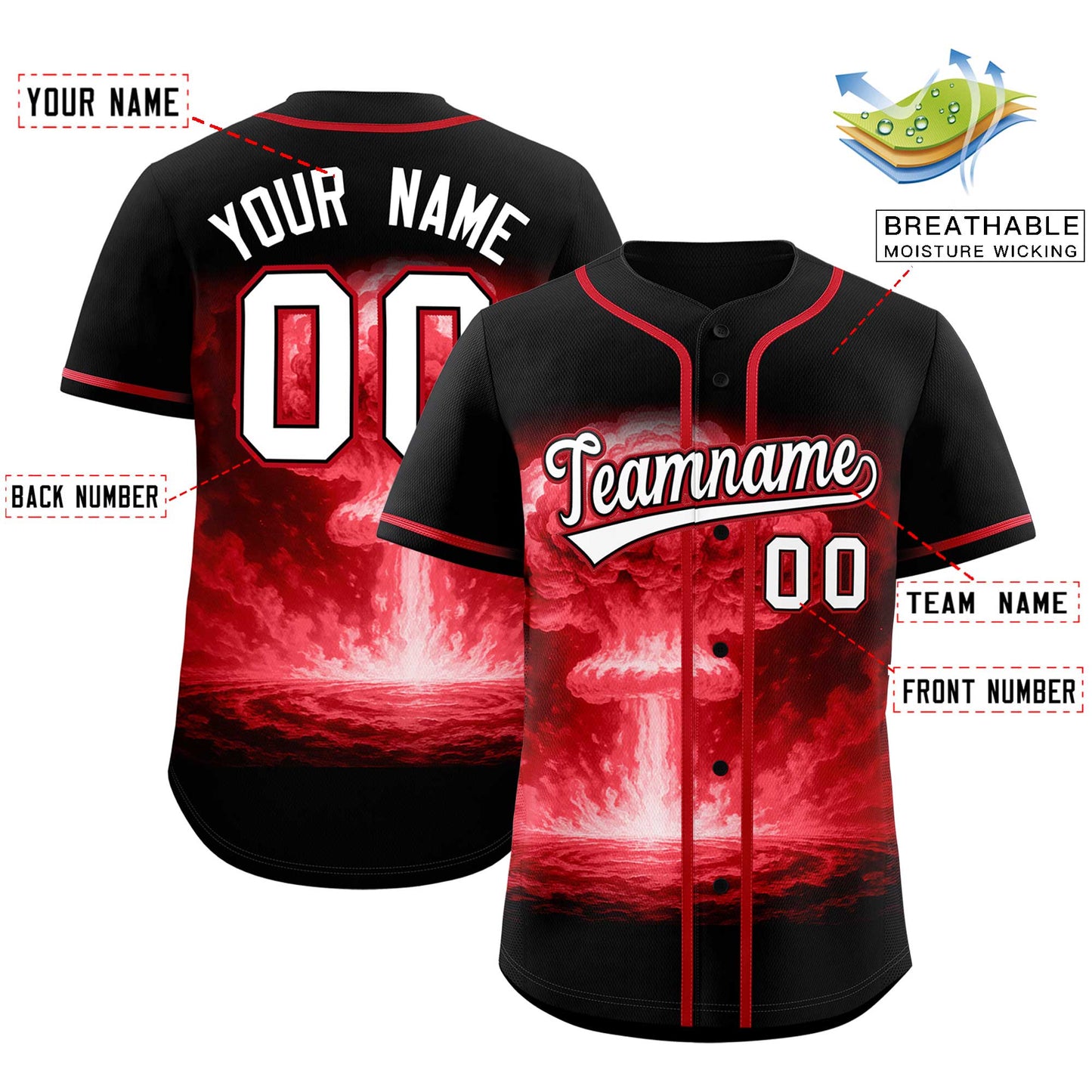 Custom Black Red Full Button Nuclear Blast Graffiti Pattern Authentic Baseball Jersey Limited