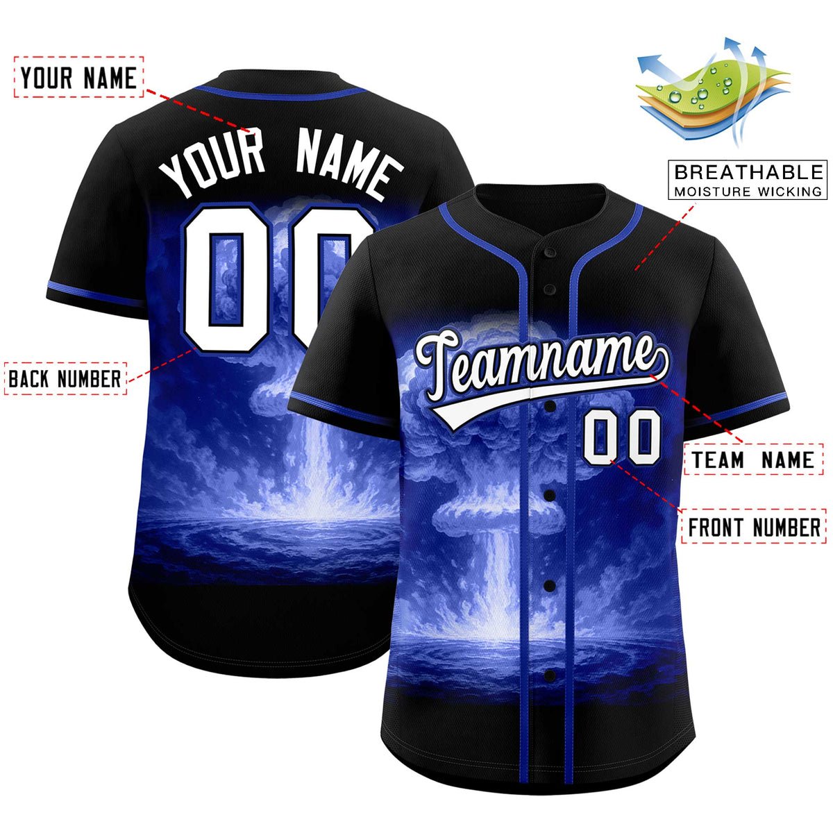 Custom Black Royal Full Button Nuclear Blast Graffiti Pattern Authentic Baseball Jersey Limited