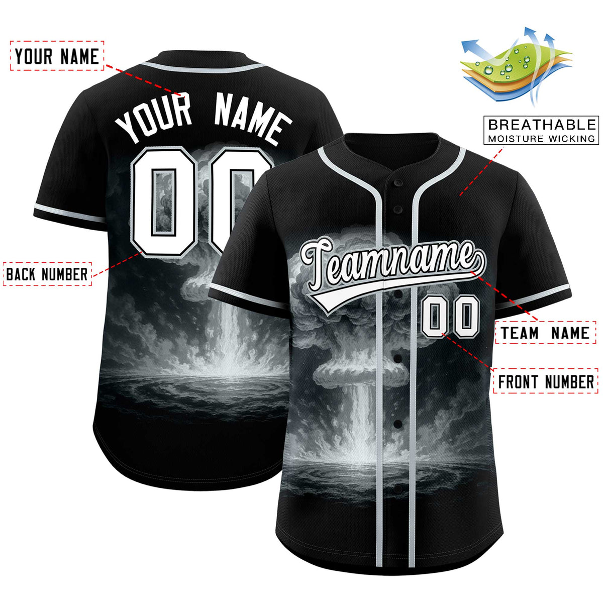 Custom Black Silver Full Button Nuclear Blast Graffiti Pattern Authentic Baseball Jersey Limited