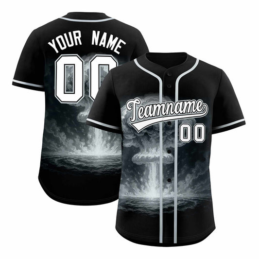 Custom Black Silver Full Button Nuclear Blast Graffiti Pattern Authentic Baseball Jersey