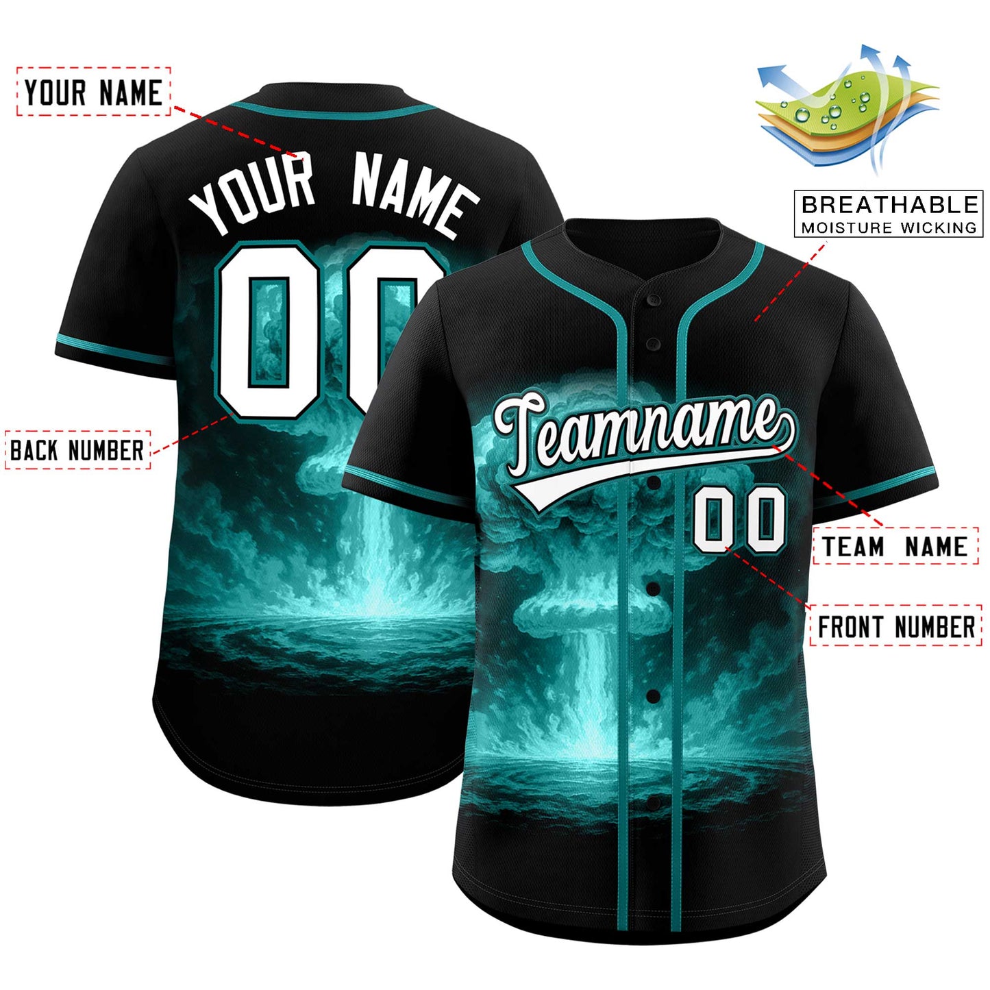 Custom Black Teal Full Button Nuclear Blast Graffiti Pattern Authentic Baseball Jersey Limited