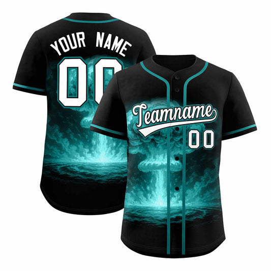 Custom Black Teal Full Button Nuclear Blast Graffiti Pattern Authentic Baseball Jersey
