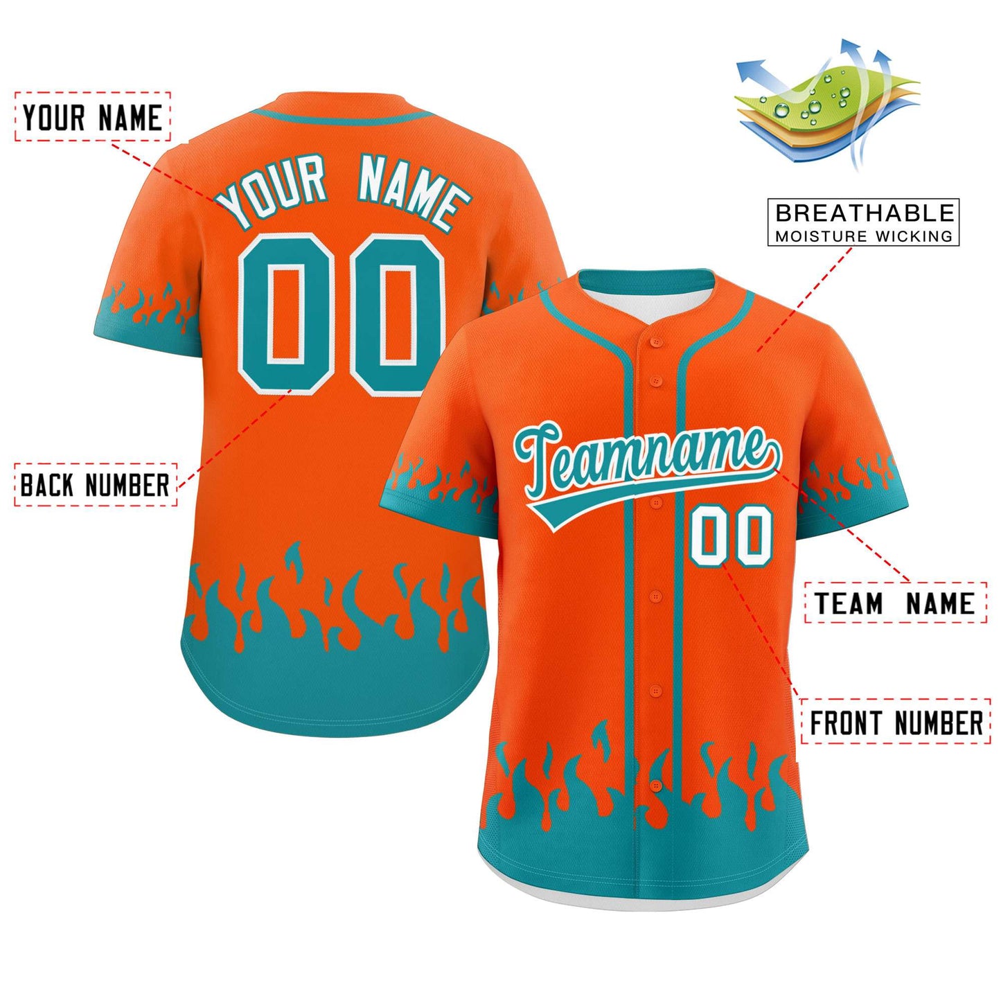 Custom Orange Aqua Personalized Flame Graffiti Pattern Authentic Baseball Jersey Limited