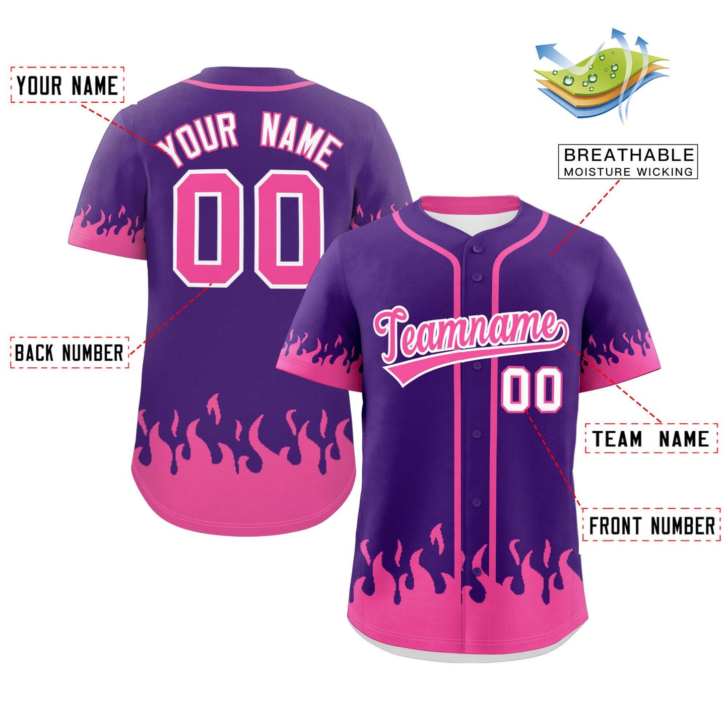 Custom Purple Pink Personalized Flame Graffiti Pattern Authentic Baseball Jersey Limited