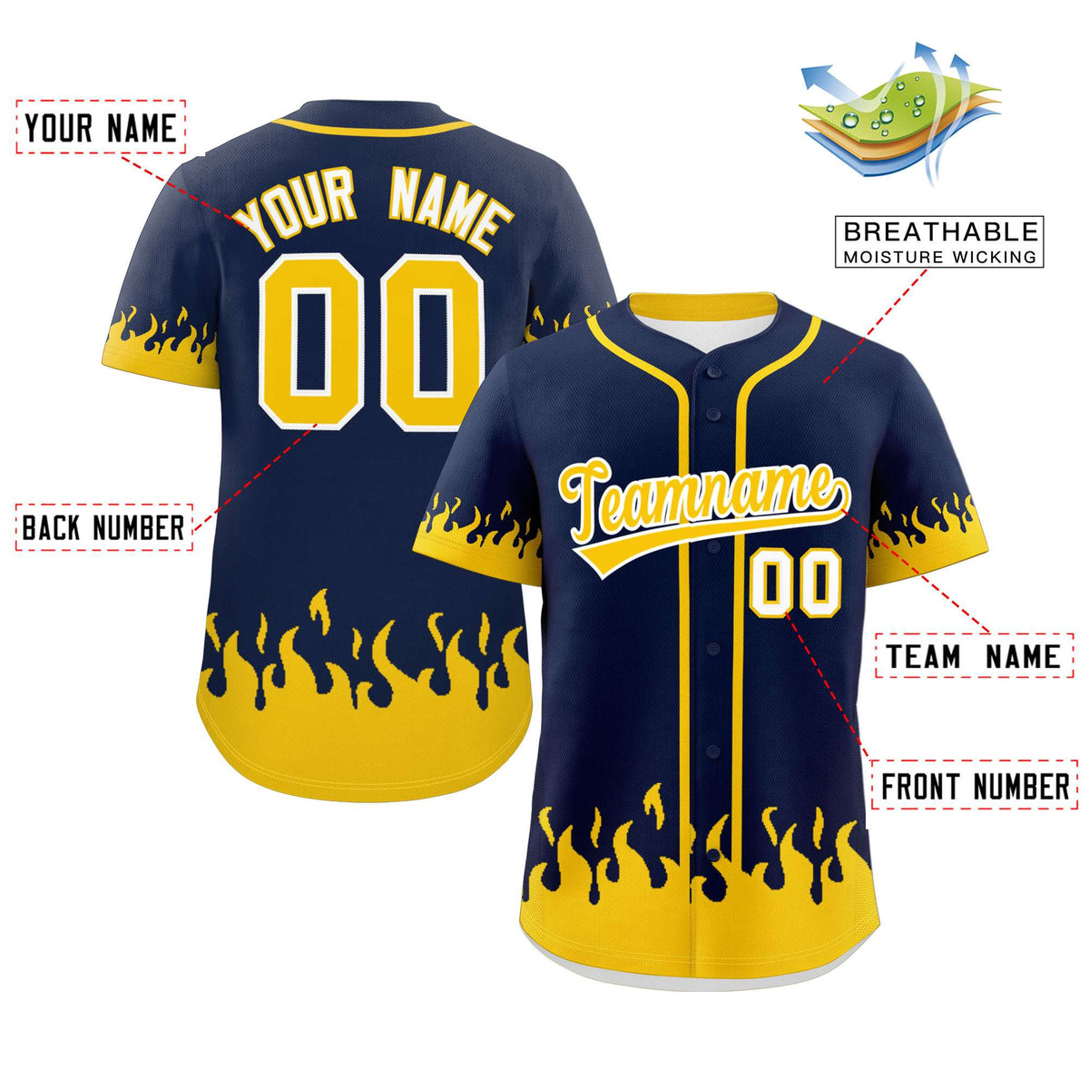 Custom Navy Gold Personalized Flame Graffiti Pattern Authentic Baseball Jersey Limited
