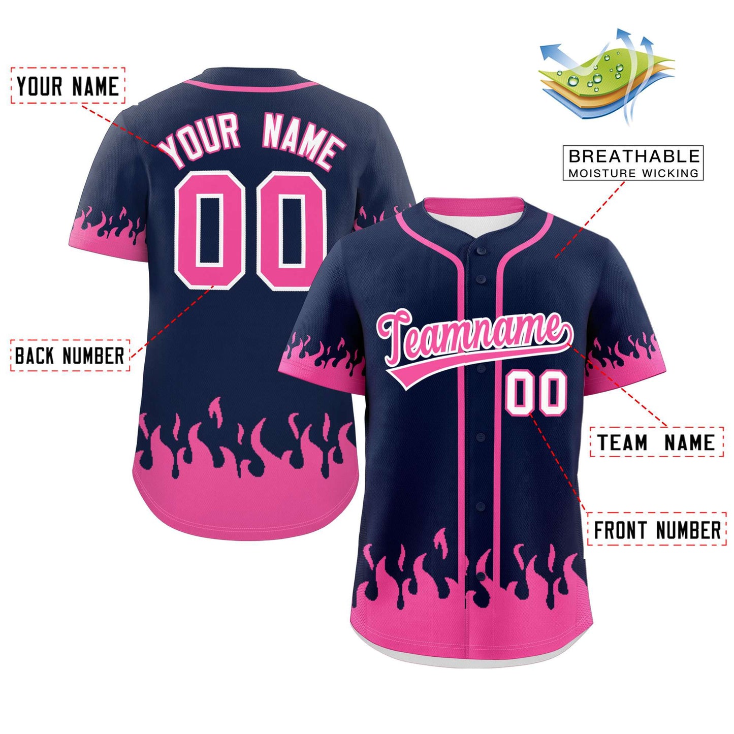 Custom Navy Pink Personalized Flame Graffiti Pattern Authentic Baseball Jersey Limited