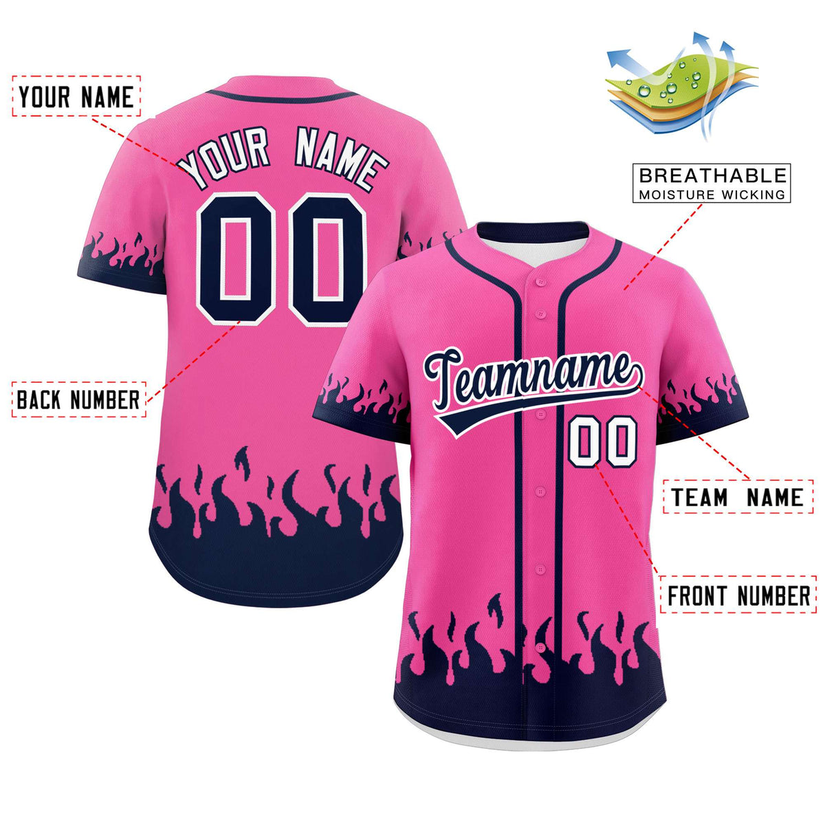 Custom Pink Navy Personalized Flame Graffiti Pattern Authentic Baseball Jersey Limited