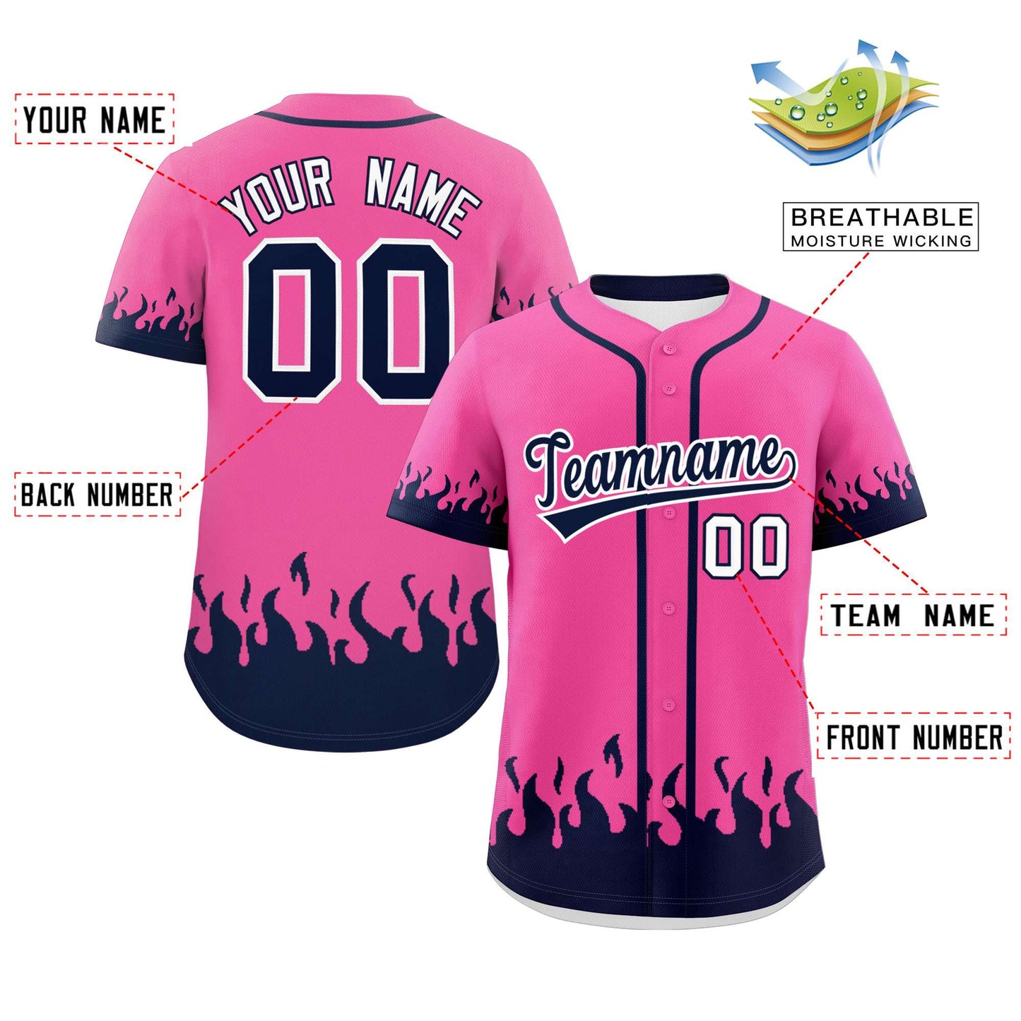 Custom Pink Navy Personalized Flame Graffiti Pattern Authentic Baseball Jersey Limited