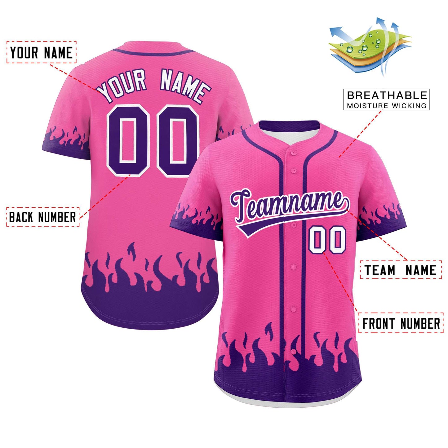 Custom Pink Purple Personalized Flame Graffiti Pattern Authentic Baseball Jersey Limited