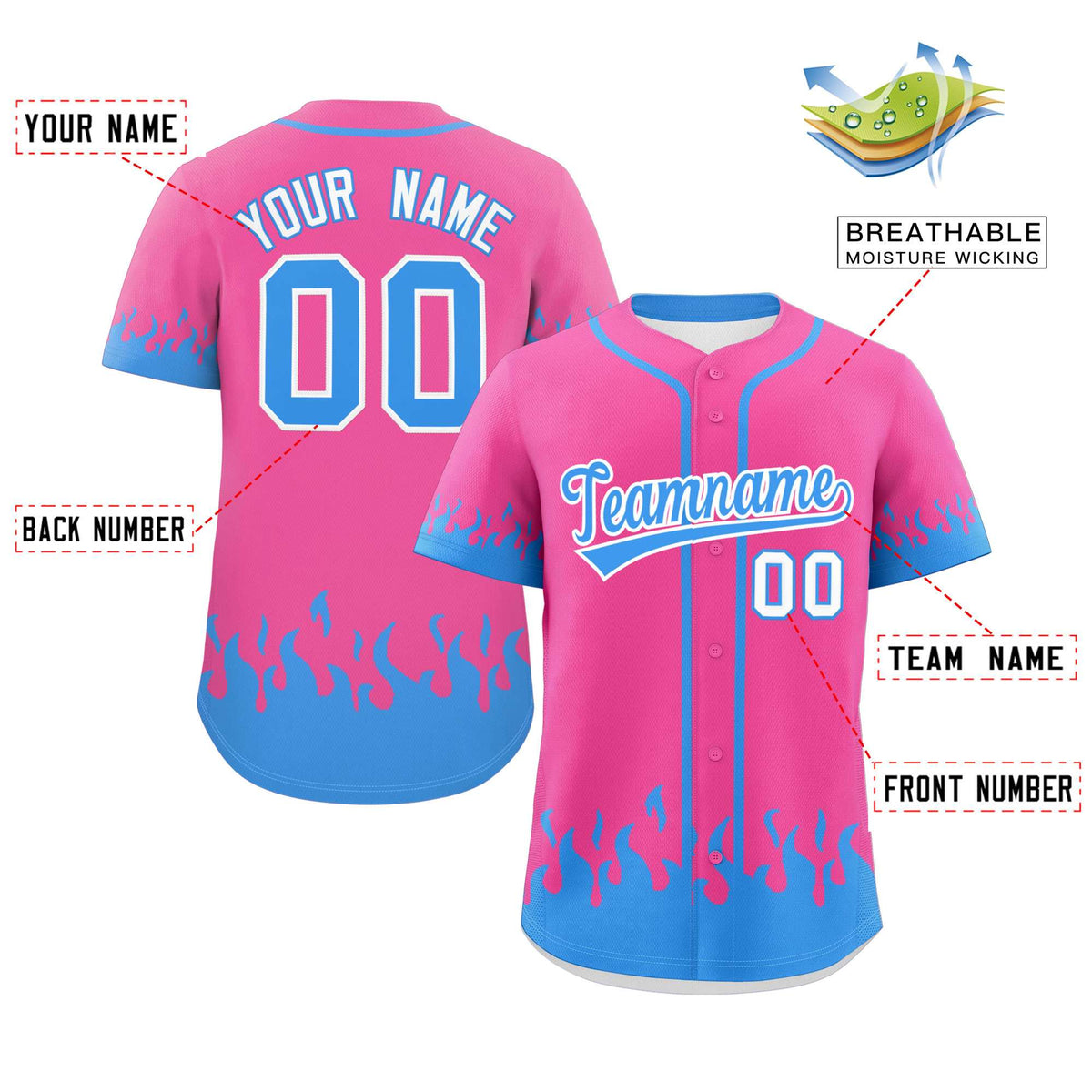 Custom Pink Powder Blue Personalized Flame Graffiti Pattern Authentic Baseball Jersey Limited