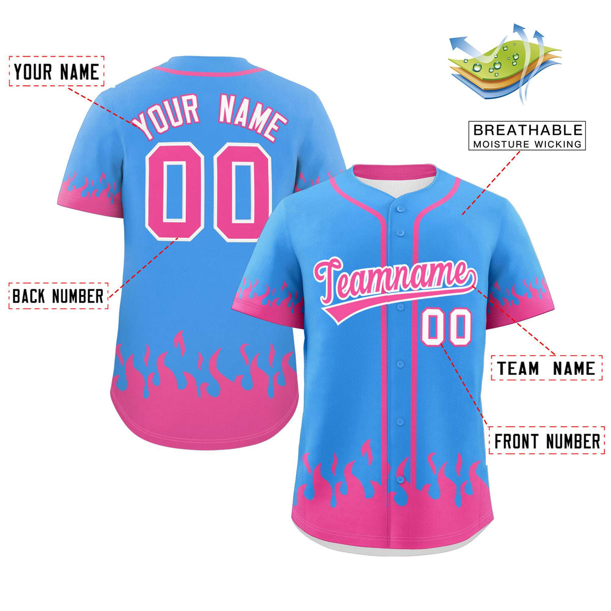 Custom Powder Blue Pink Personalized Flame Graffiti Pattern Authentic Baseball Jersey Limited