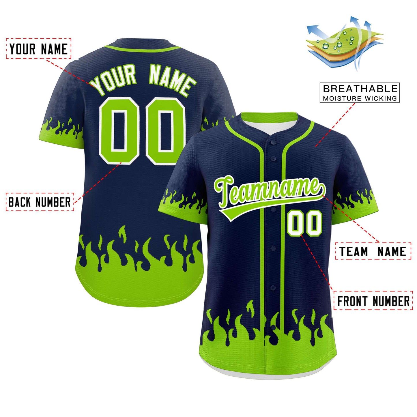Custom Navy Neon Green Personalized Flame Graffiti Pattern Authentic Baseball Jersey Limited