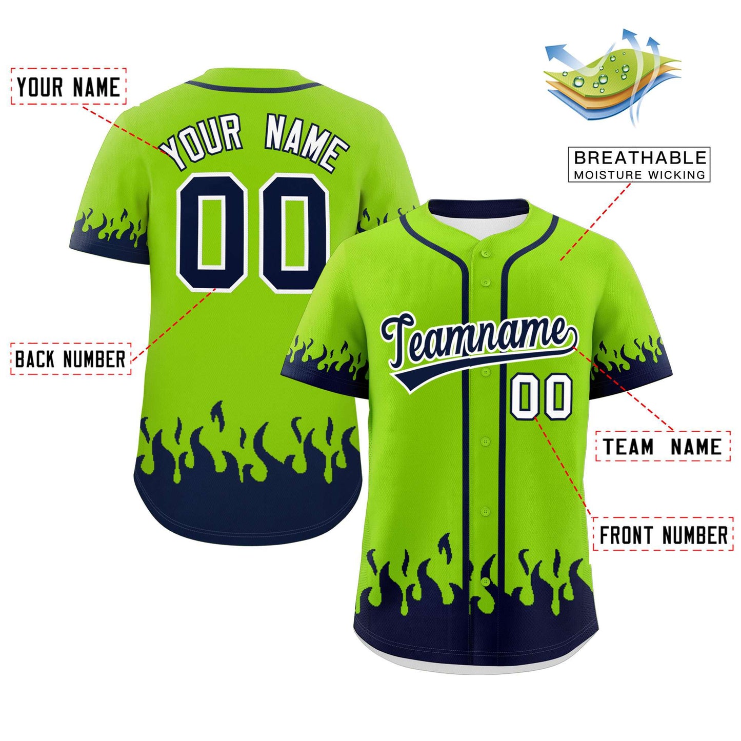 Custom Neon Green Navy Personalized Flame Graffiti Pattern Authentic Baseball Jersey Limited