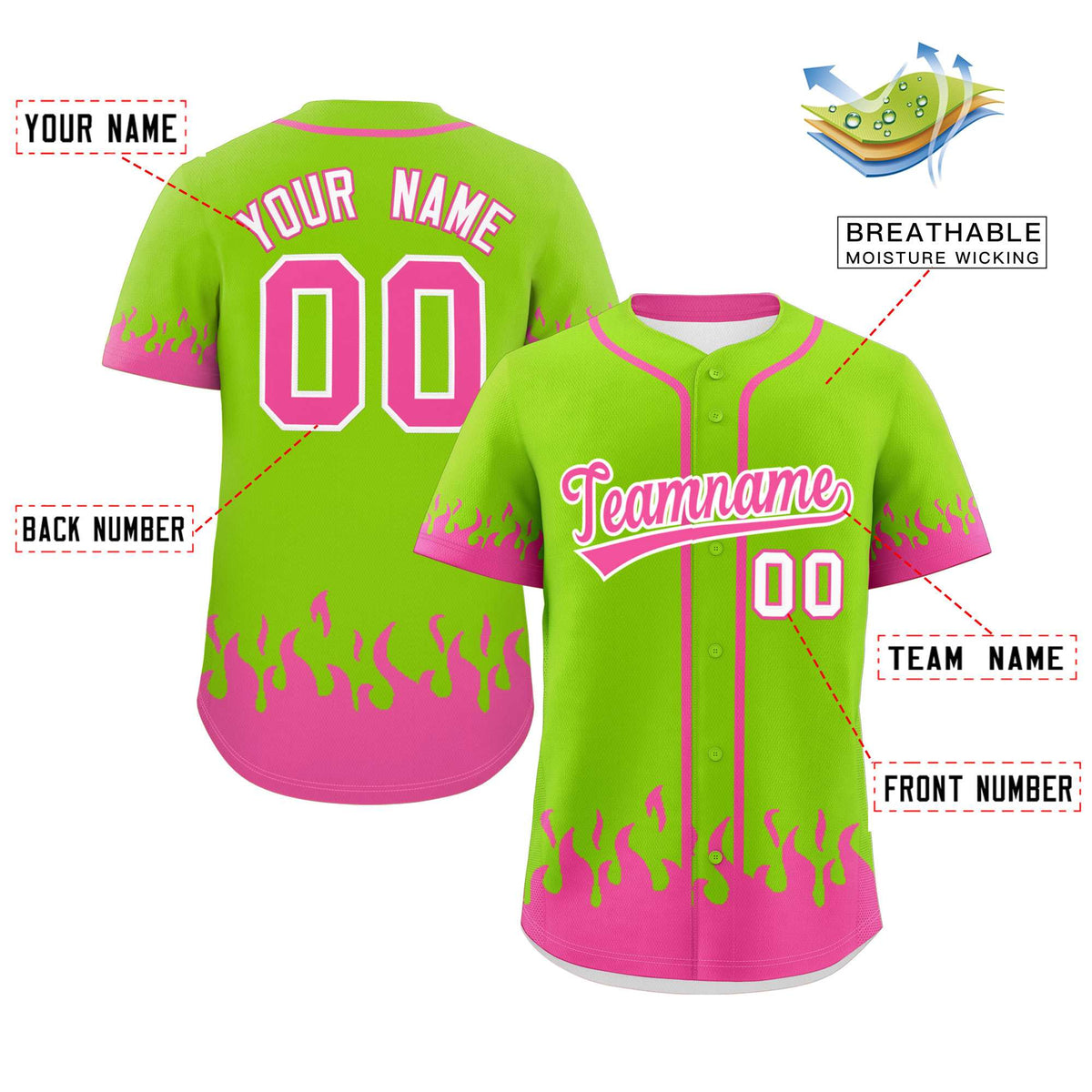 Custom Neon Green Pink Personalized Flame Graffiti Pattern Authentic Baseball Jersey Limited