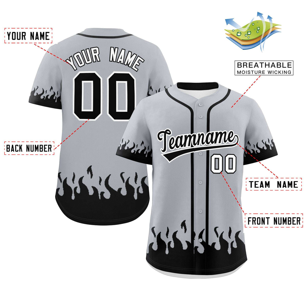Custom Gray Black Personalized Flame Graffiti Pattern Authentic Baseball Jersey Limited