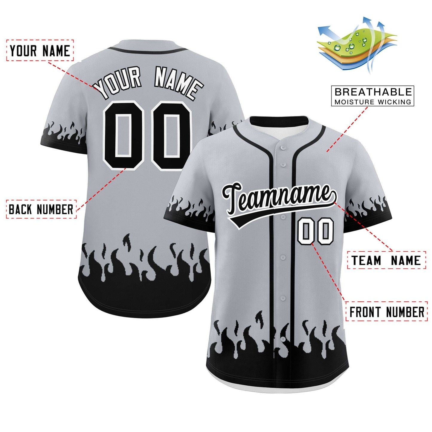 Custom Gray Black Personalized Flame Graffiti Pattern Authentic Baseball Jersey Limited