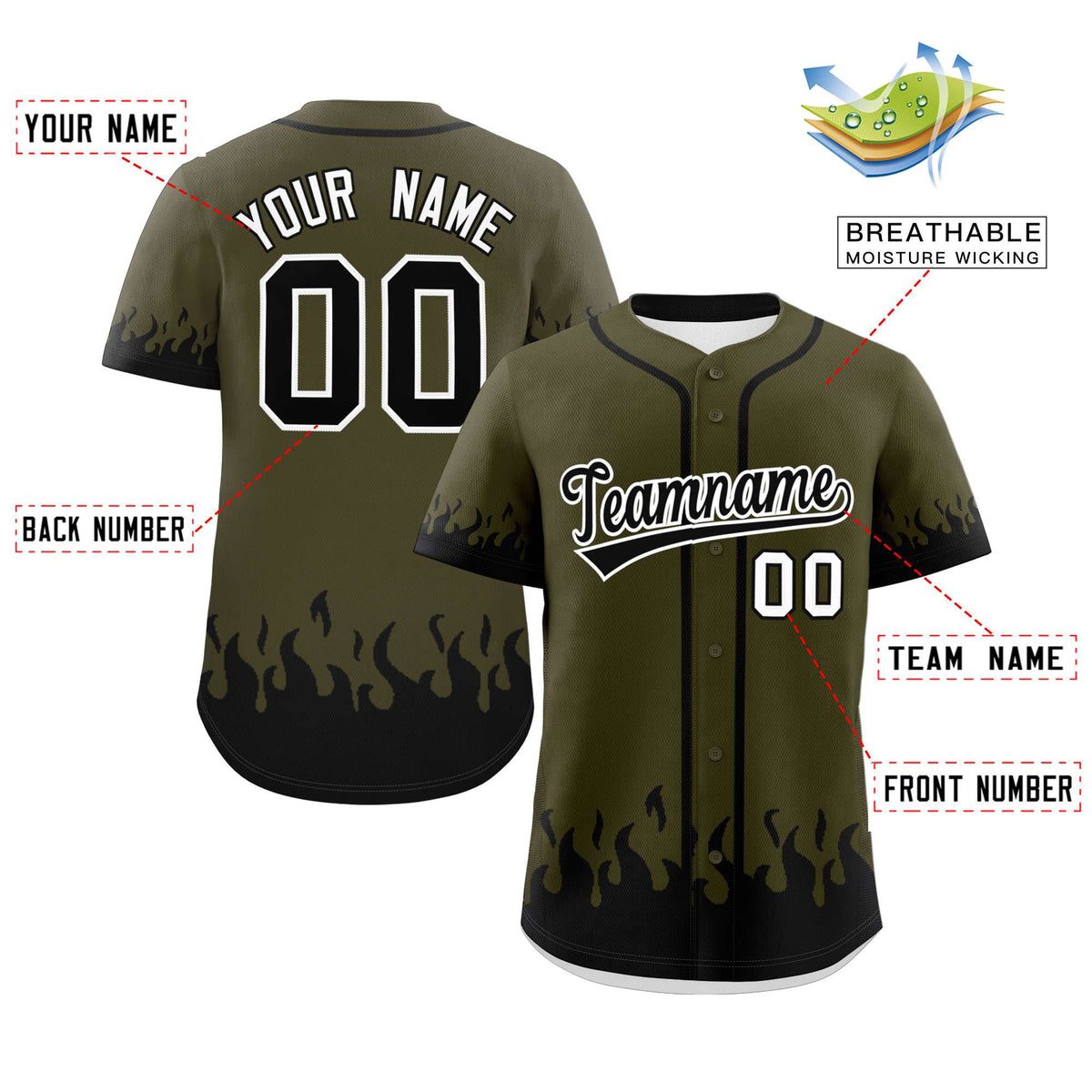 Custom Olive Black Personalized Flame Graffiti Pattern Authentic Baseball Jersey Limited